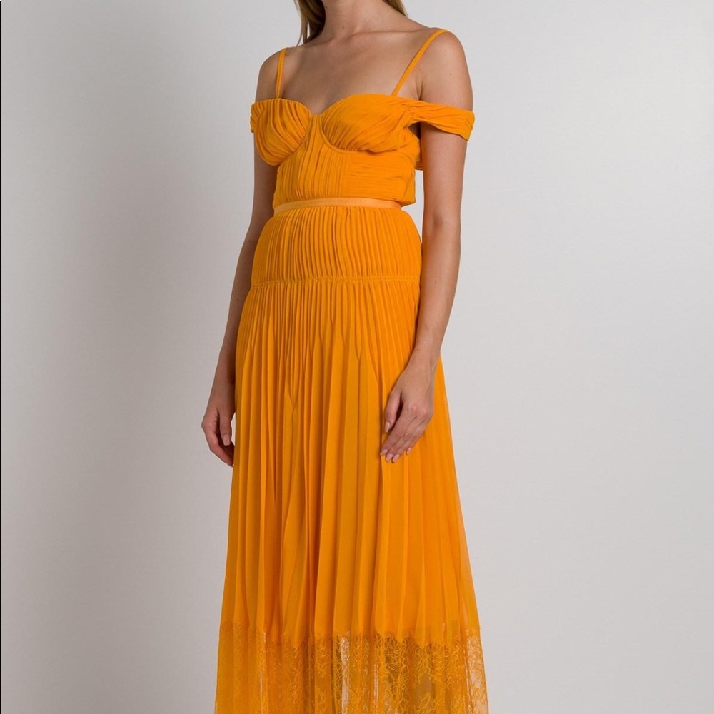 Self-Portrait Tangerine Orange Pleated Chiffon Lace Midi Dress